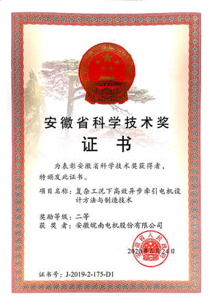 2019年安徽省科技進步二等獎:皖南電機:&ldquo;復雜工況下高效異步牽引電機設計方法與制造技術&rdquo;